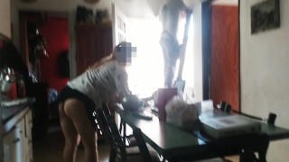 Housewife without panties shows her pussy to the technical service and spies on her having hard sex
